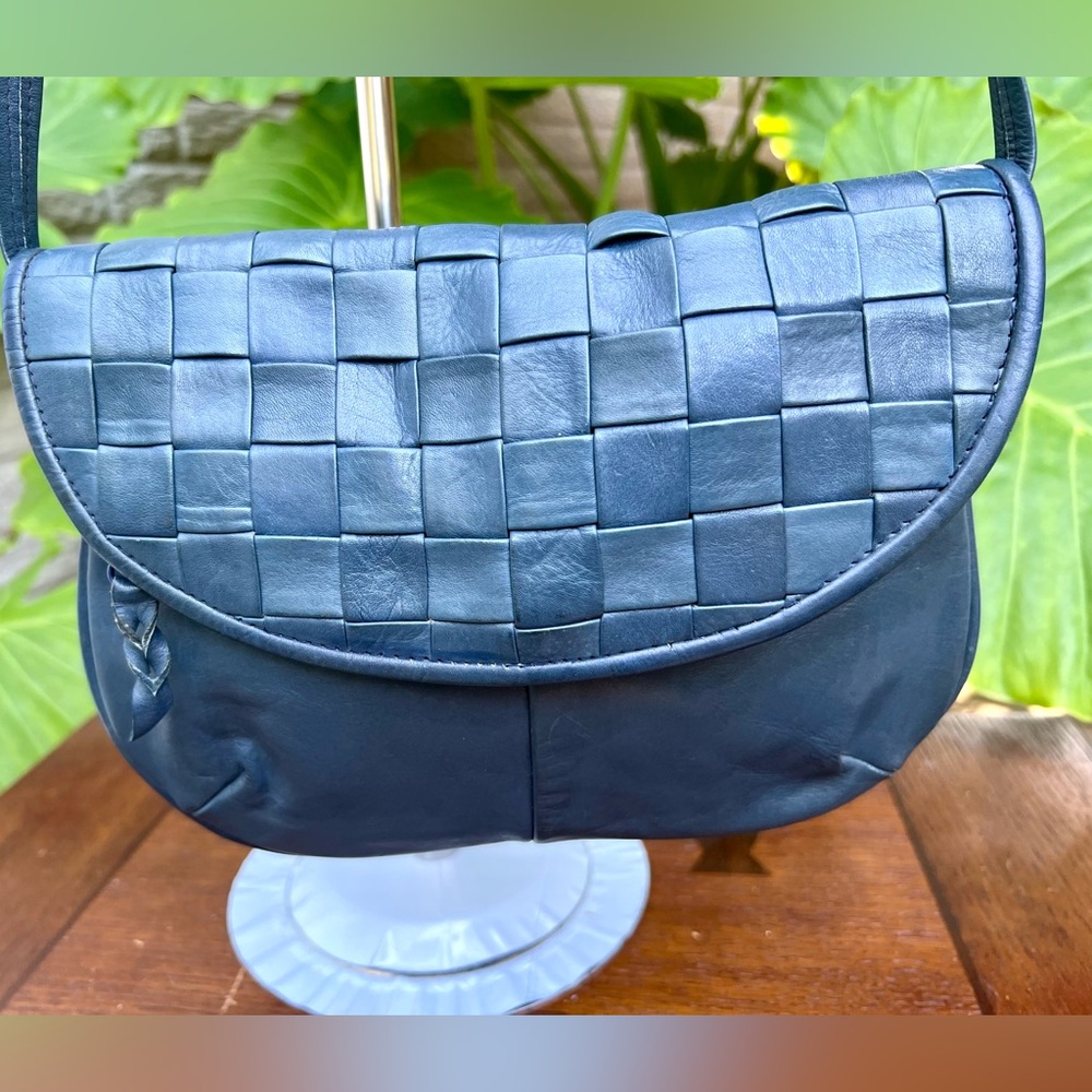 Blue Crescent Woven Navy Leather vintage Shoulder Bag made in India.